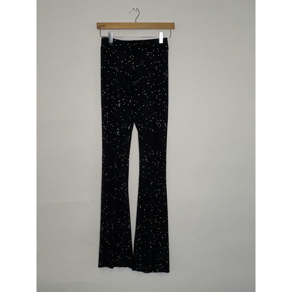 Womens Small Mesh Flare Pants Black Sheer Glitter Dots Bell Bottom Festival Rave